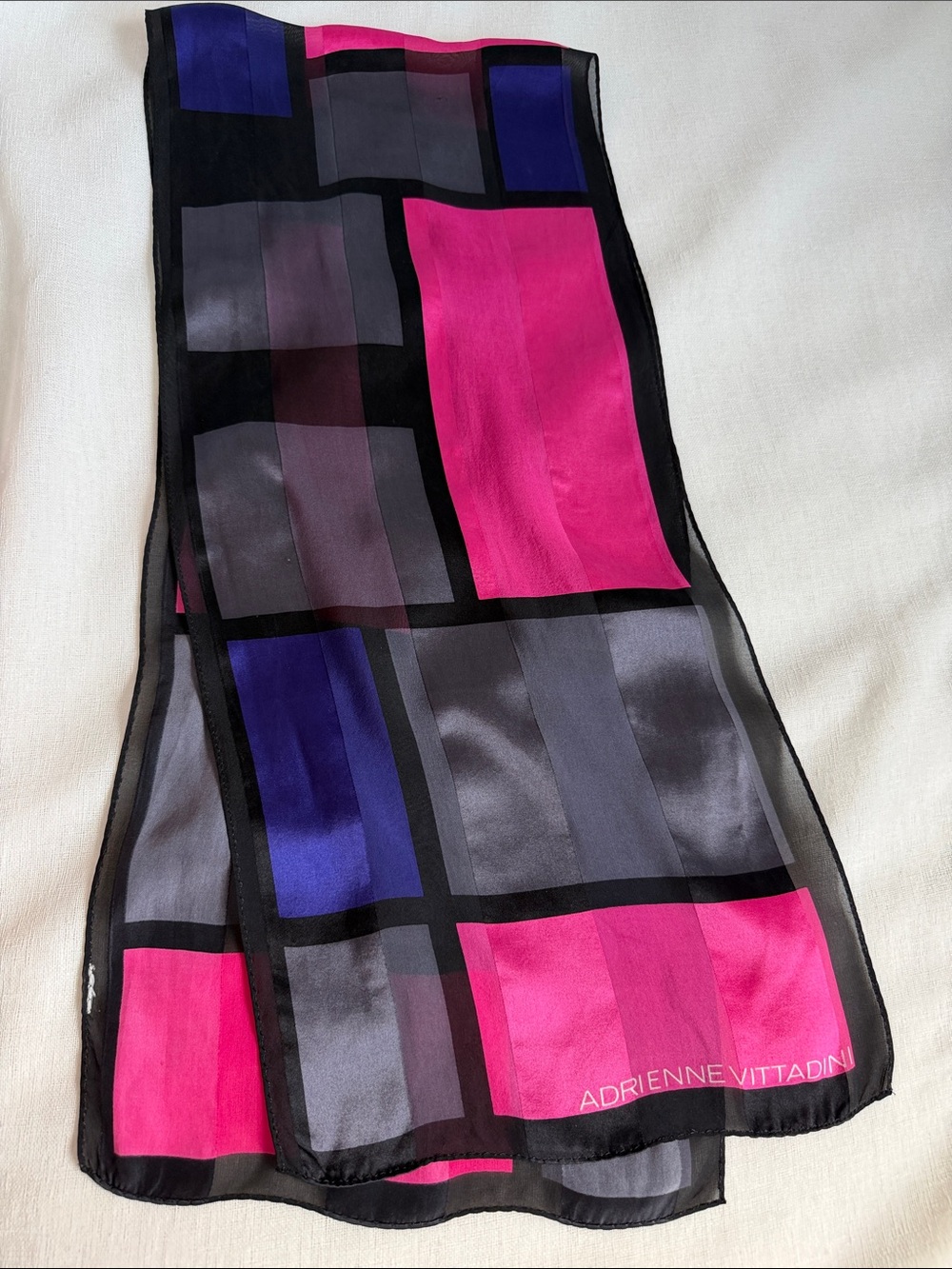 Adrienne Vittadini Hot Pink, Royal Blue & Gray Geometric Silk Scarf